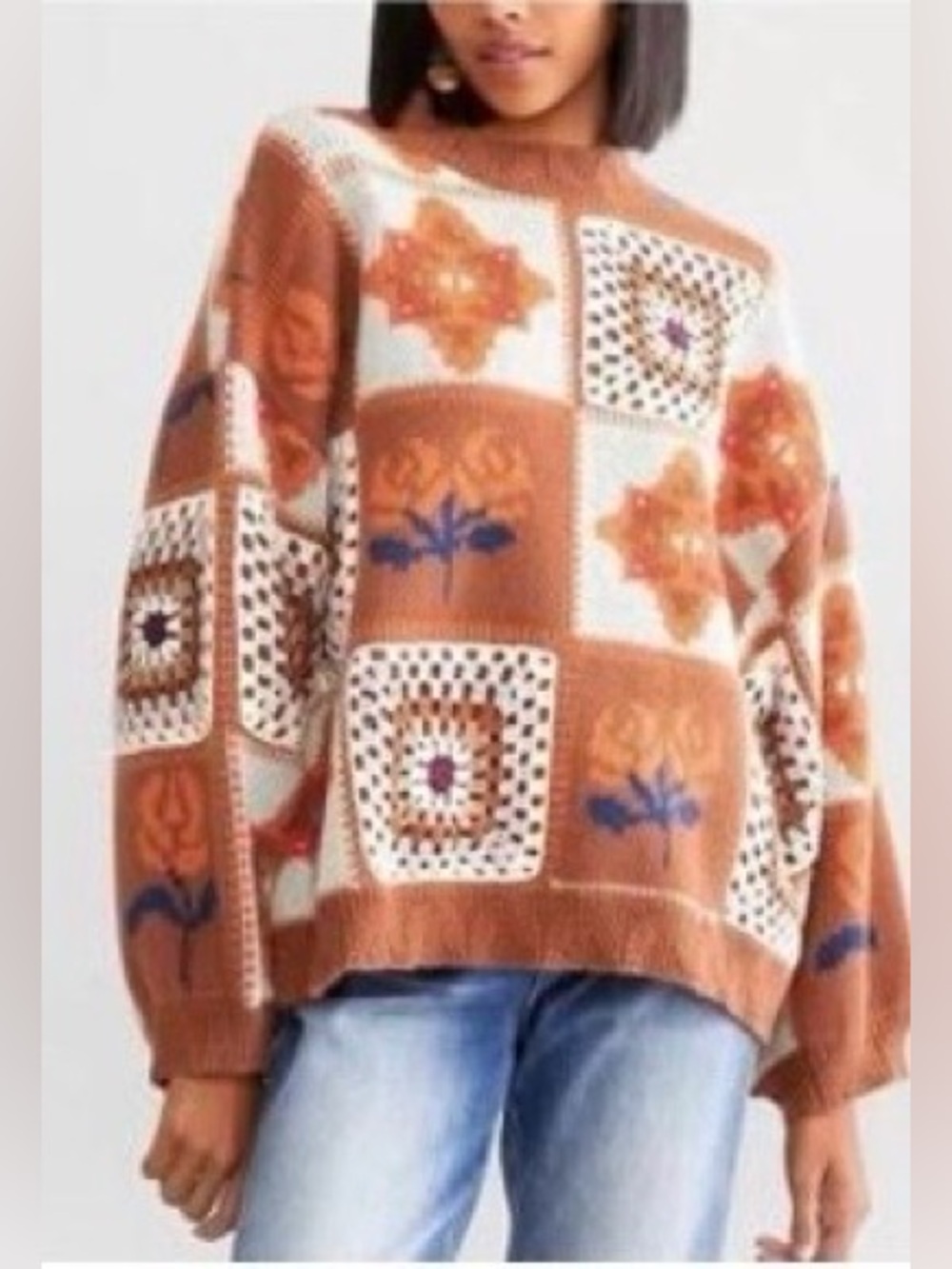 POL Patchwork Floral Crochet-Look Sweater Rust Brown Size L NWOT